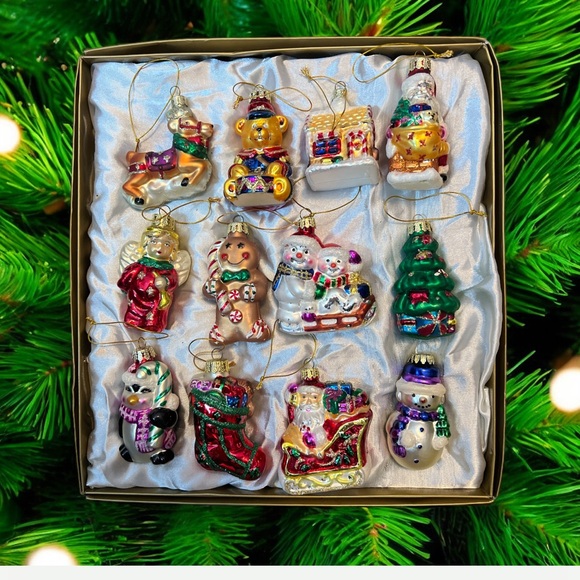 no brand Other - Vintage Glass Christmas Ornaments Set of 12 Hand Painted Holiday Figures Boxed